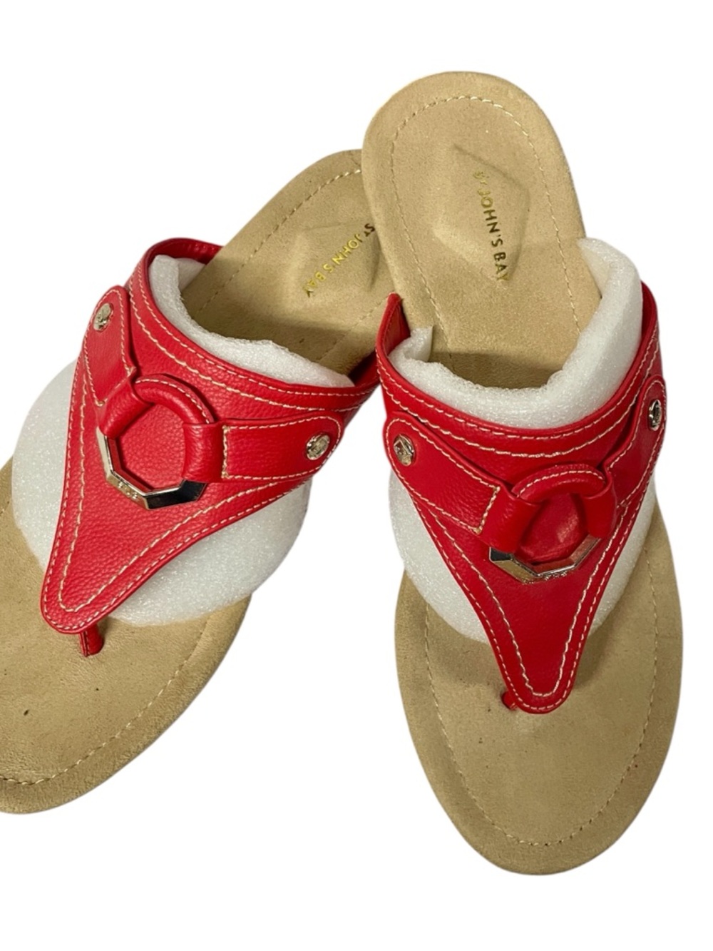 St. John's Bay Red Leather Thong Sandals with Ring Accent New With Box